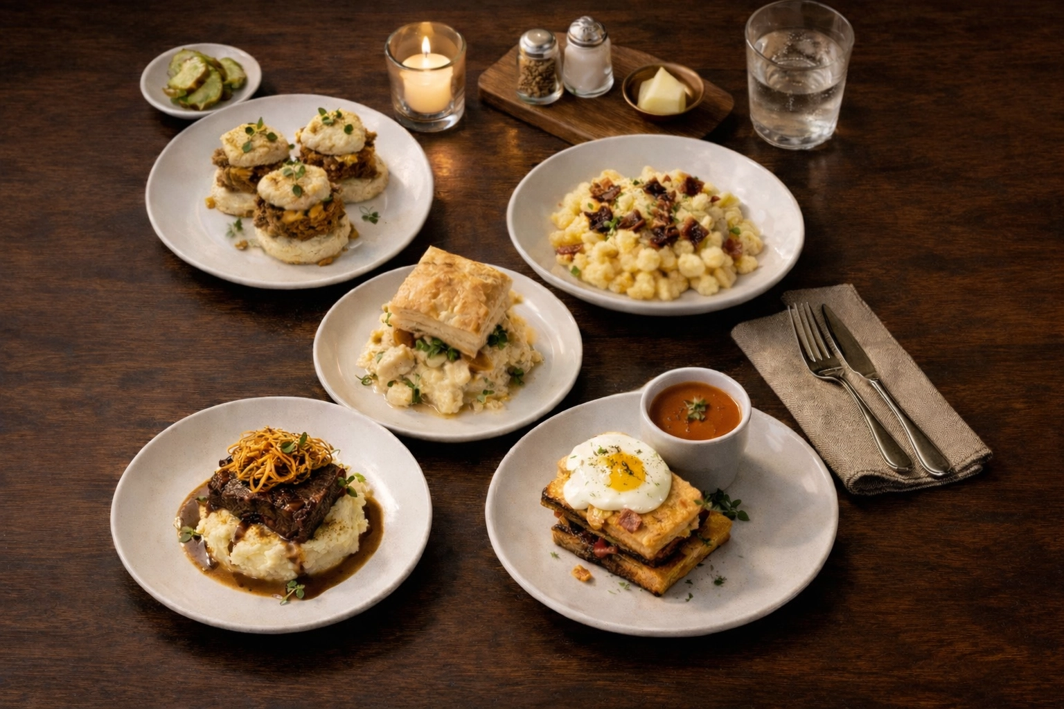 Comfort food tasting menu with multiple small plates featuring modern restaurant dishes