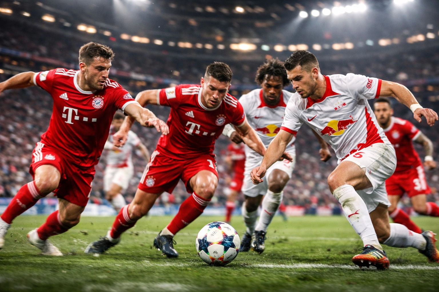 Bayern München gegen RB Leipzig Zweikampf im Mittelfeld DFB-Pokal Viertelfinale