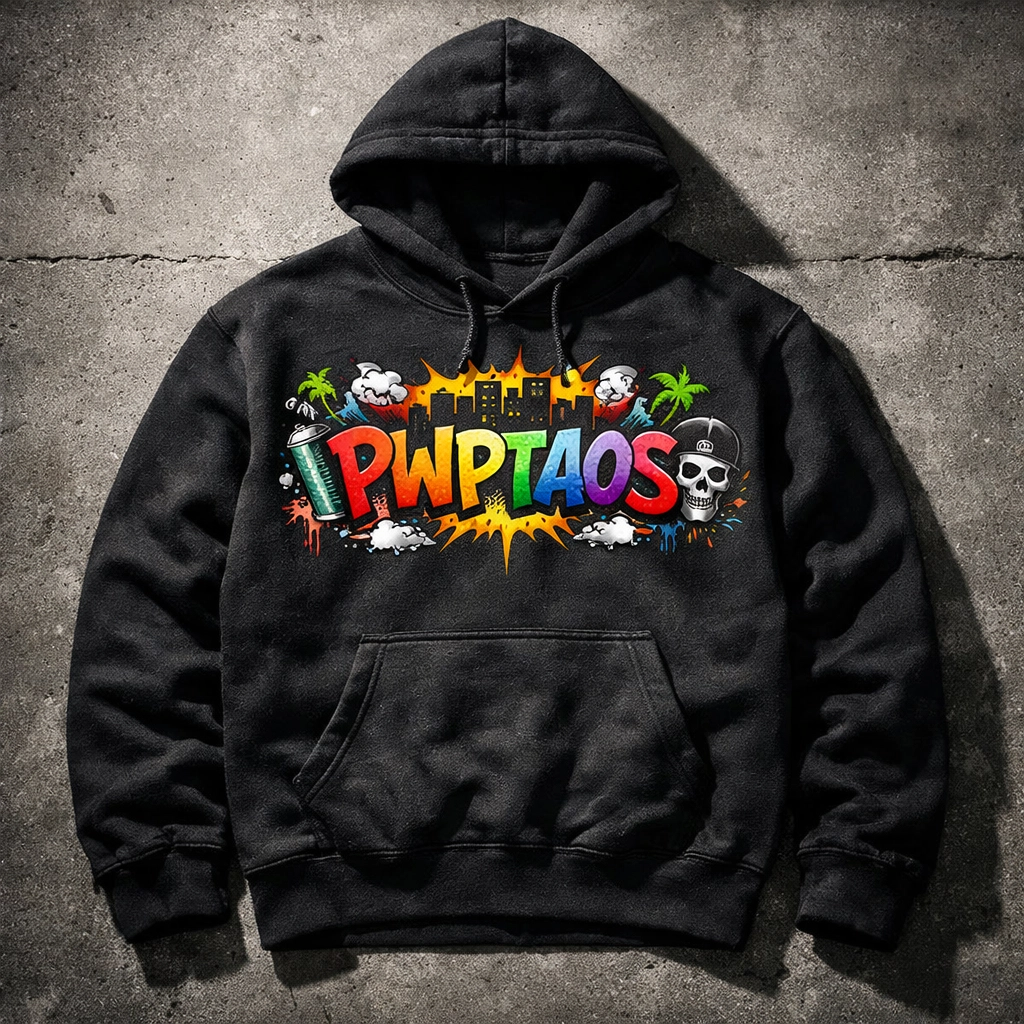 PWPTAOS hoodie with vibrant street art graphics and custom DTG printing on urban concrete surface