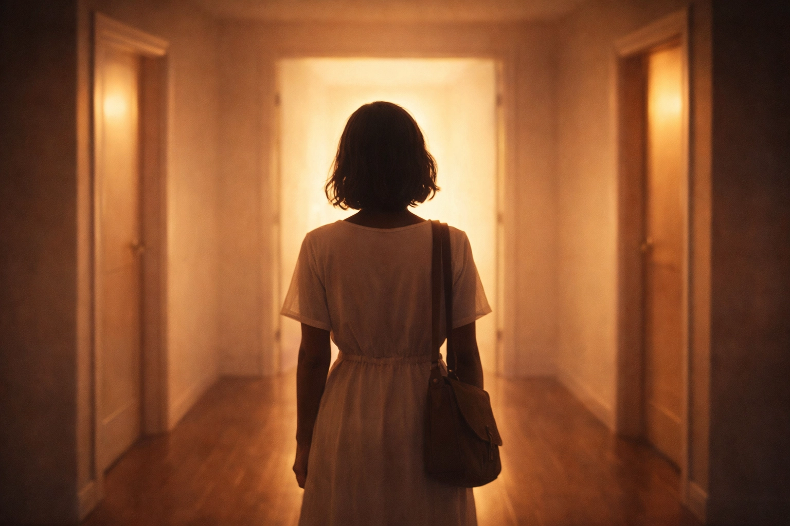 Faceless back-view silhouette of a woman at a quiet hallway crossroads, softly lit