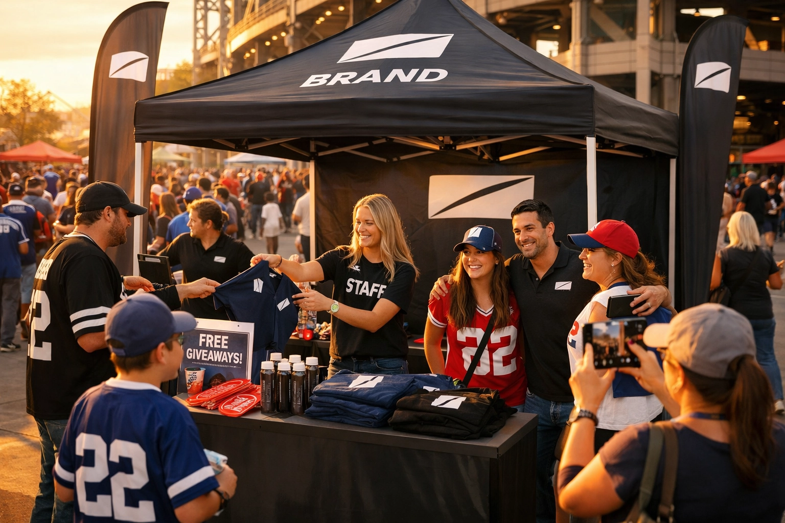 Street-level Super Bowl brand activation with fans engaging at promotional booth outside sports venue