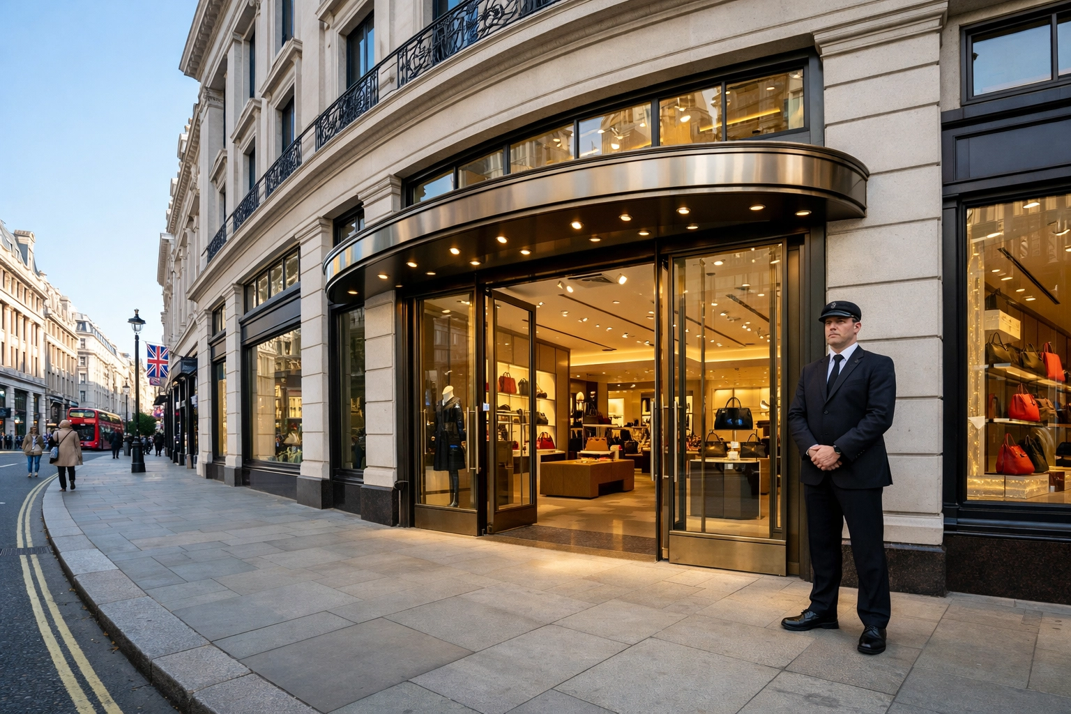 Professional security guard stationed outside a high-end London retail storefront for shoplifting prevention.