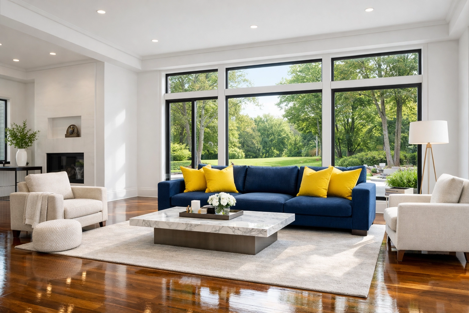 A spotless, sun-lit modern living room in Canton, MA, following a professional residential cleaning service.