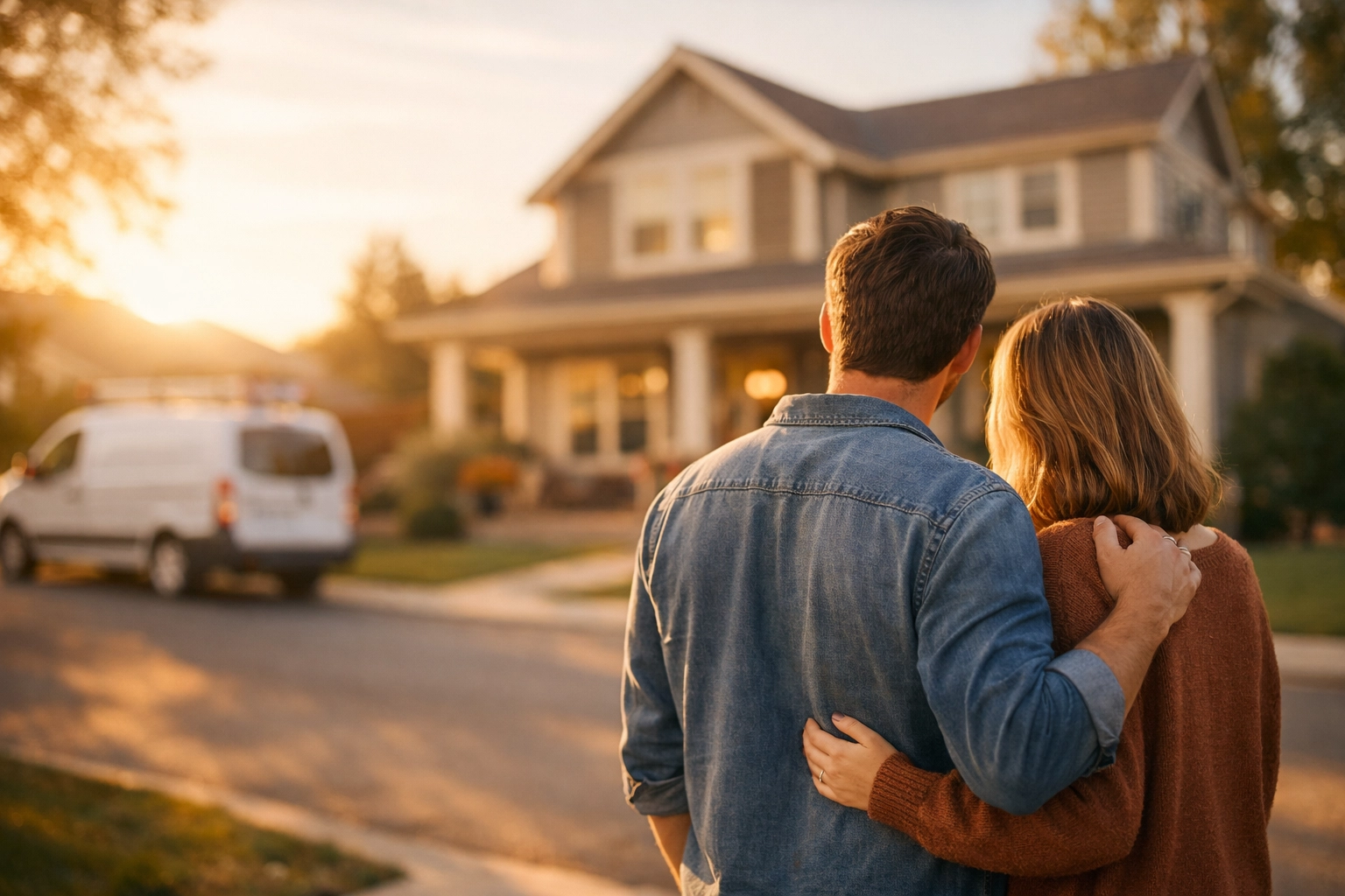 A happy couple standing by their house after securing emergency loans for home repairs.