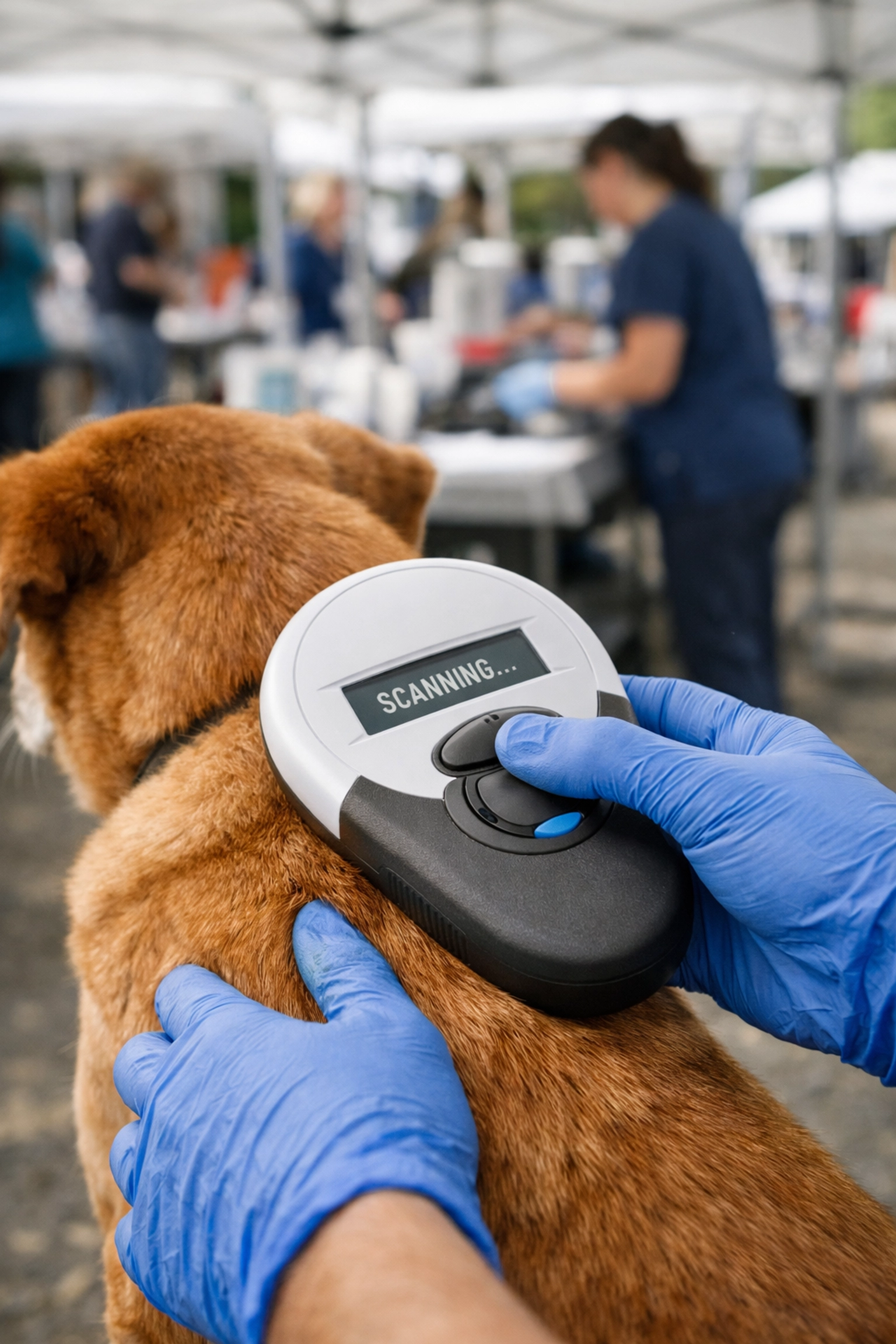 Veterinary professional using a microchip scanner on a dog at a community vaccination clinic.