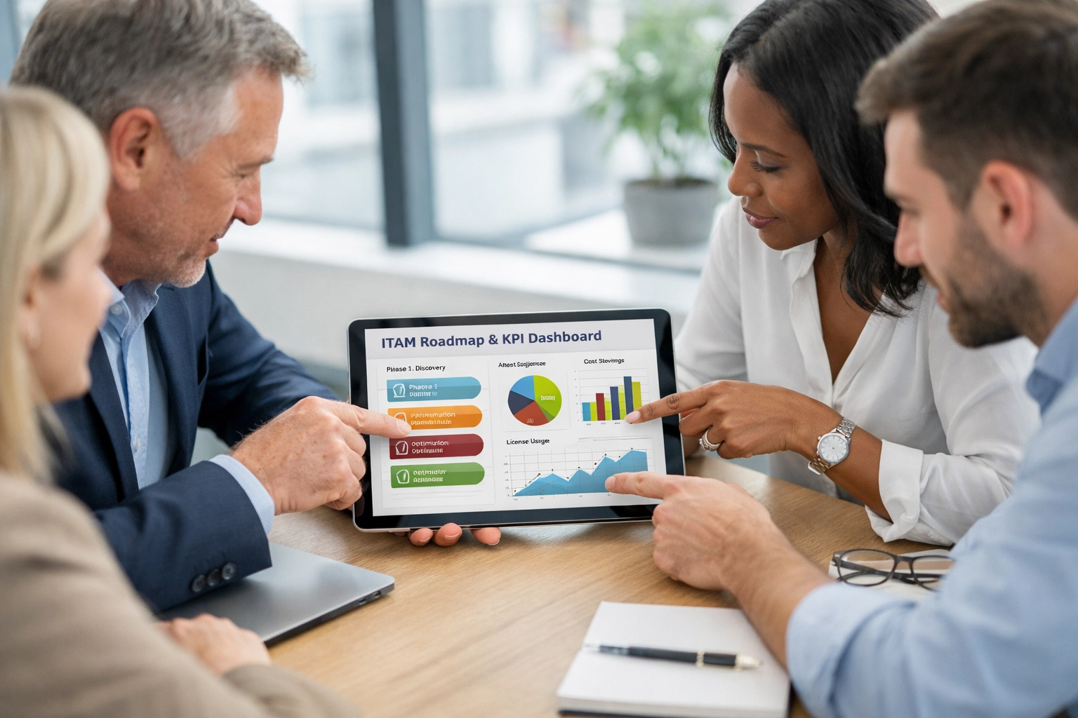 Business team collaborating on ServiceNow ITAM implementation strategy and process transformation