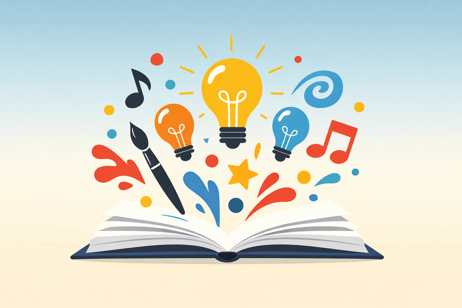 Open journal with ideas floating upward as creative symbols like notes and brushes take flight
