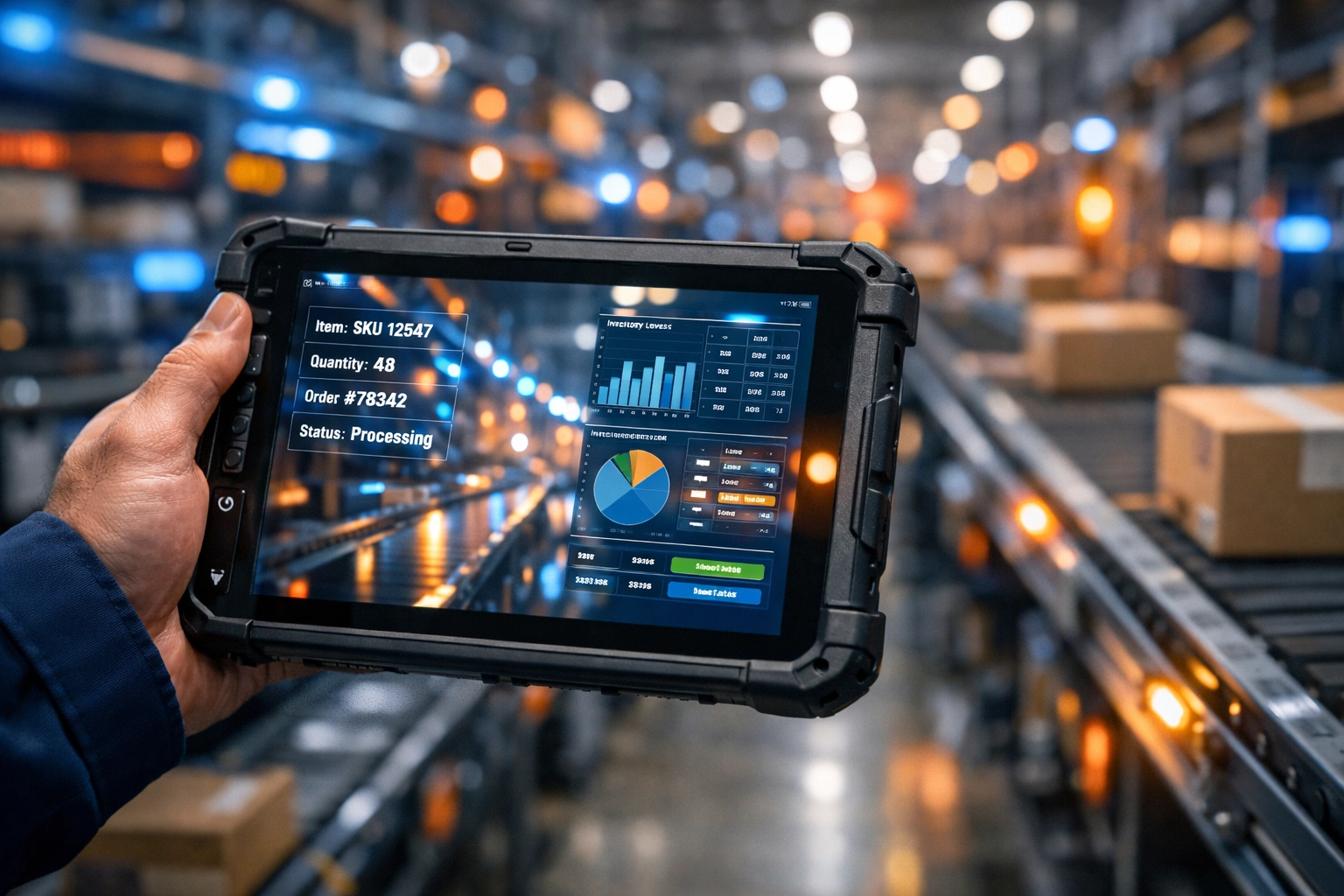 Logistics professional using a tablet for real-time inventory management for ecommerce.