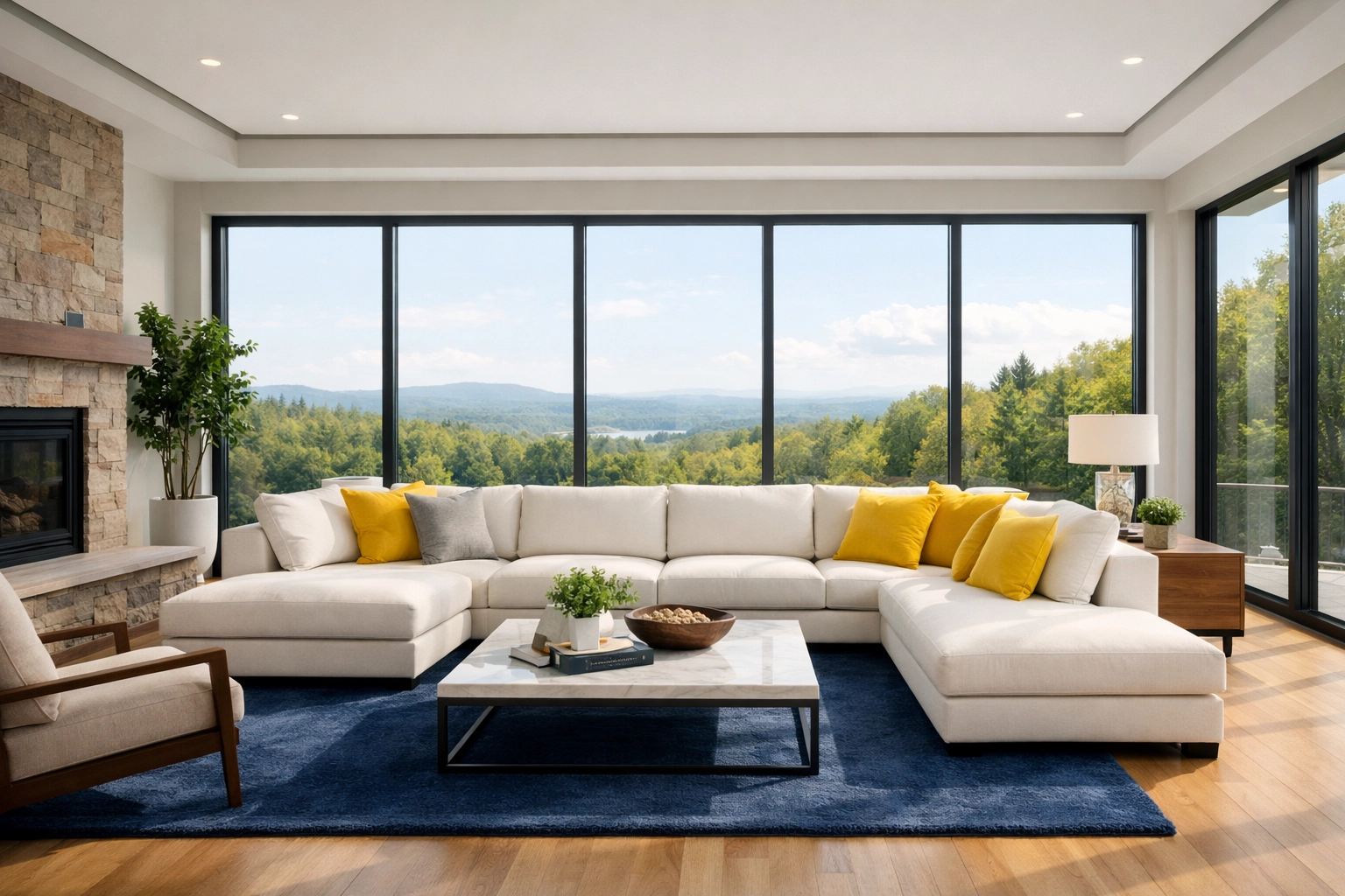 Sun-drenched modern living room showing the results of weekly house cleaning in Leominster MA.