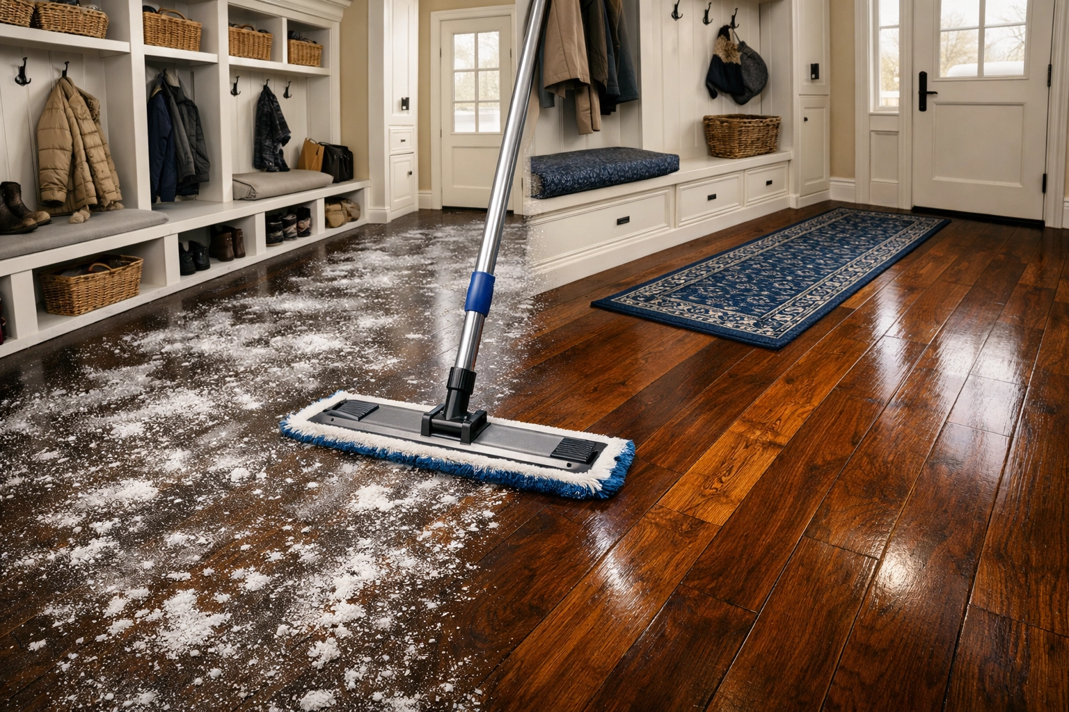 Expertly removing winter salt from luxury hardwood floors during Apartment Cleaning Massachusetts.