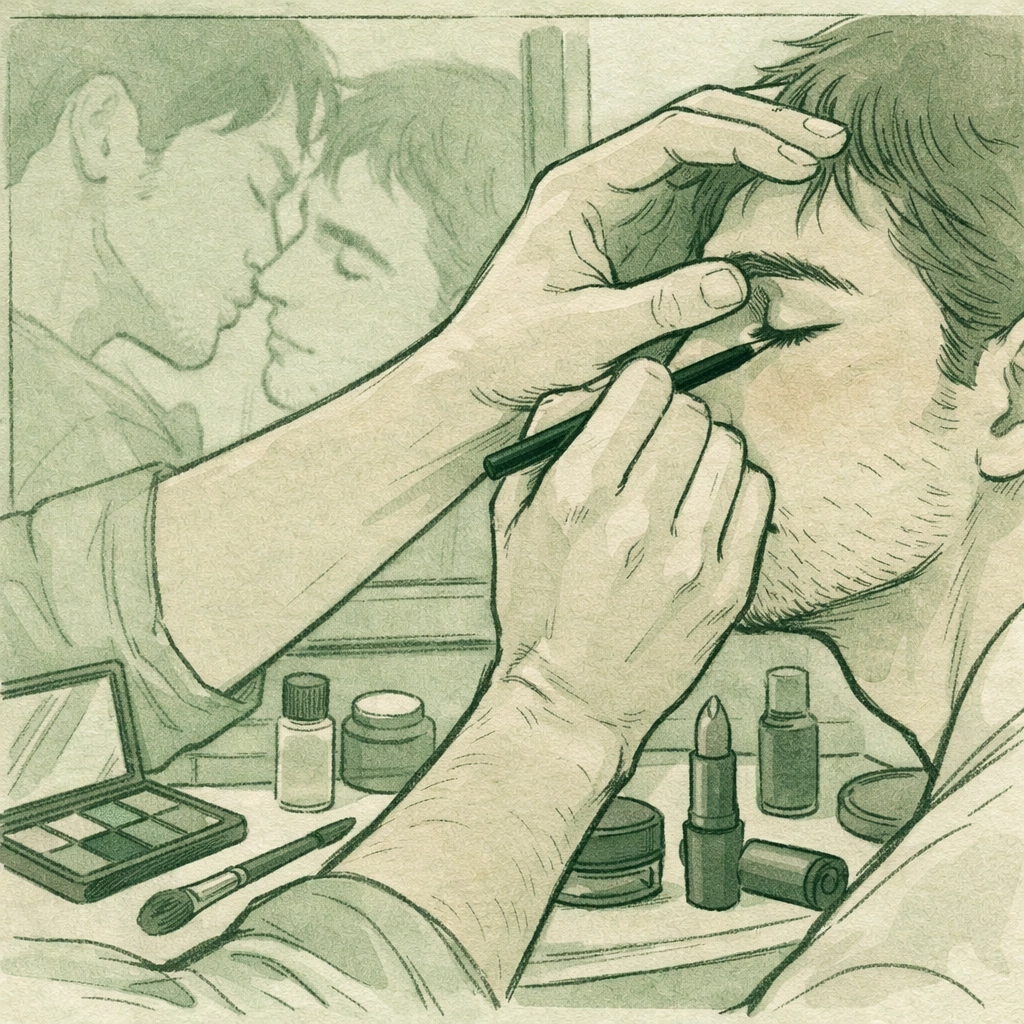 Gay couple applying makeup together exploring gender expression through beauty