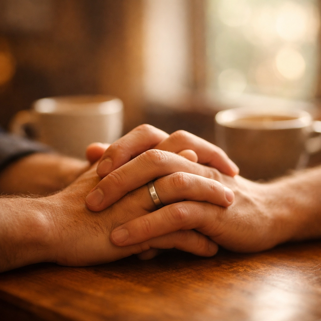 Intertwined hands of two men showing intimacy and connection in gay romance relationship