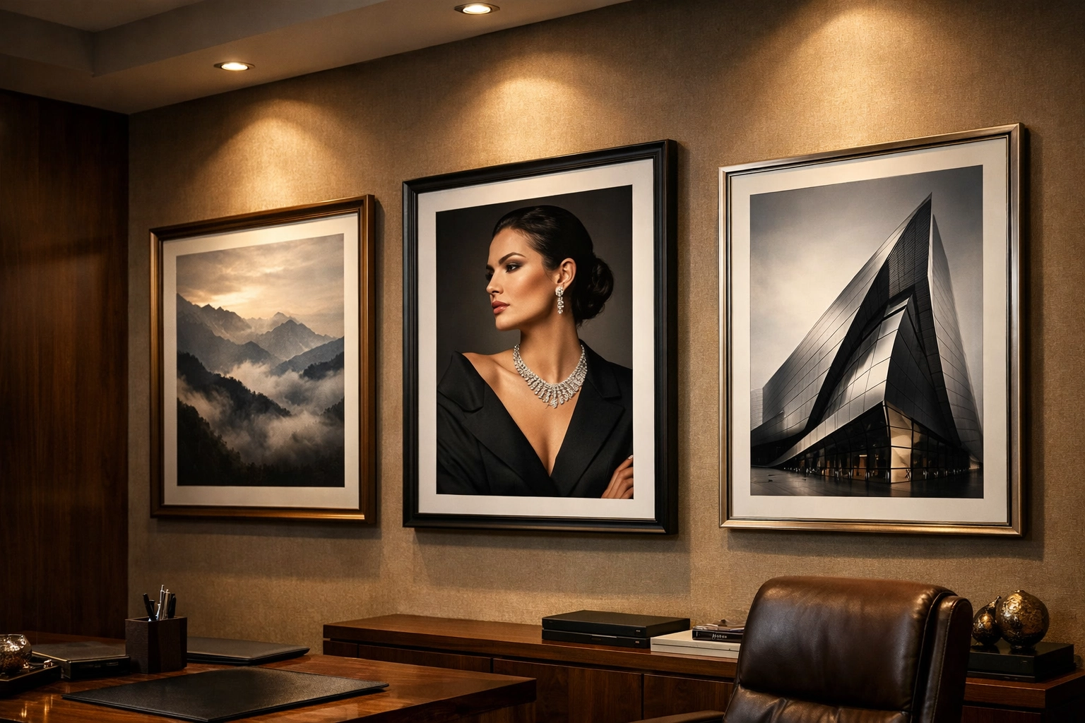 A curated gallery wall showcasing high-end professional photography to build client trust and reputation.