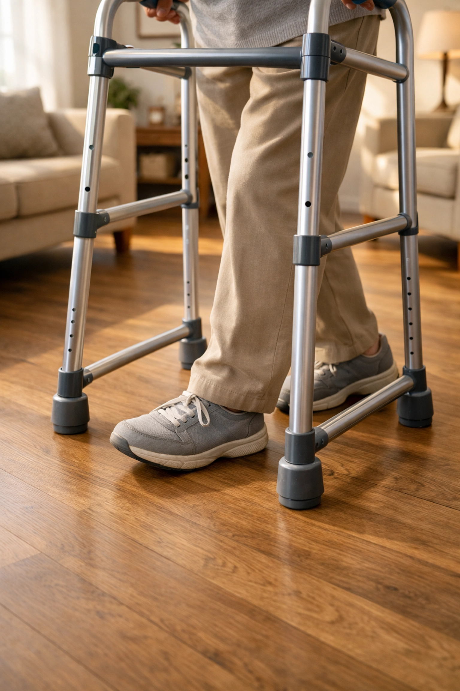 A senior taking small, deliberate steps to turn safely while staying inside the walker frame.
