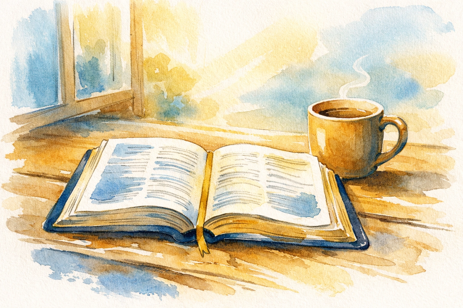 Open Bible and coffee representing authentic Christian faith sharing and morning devotion