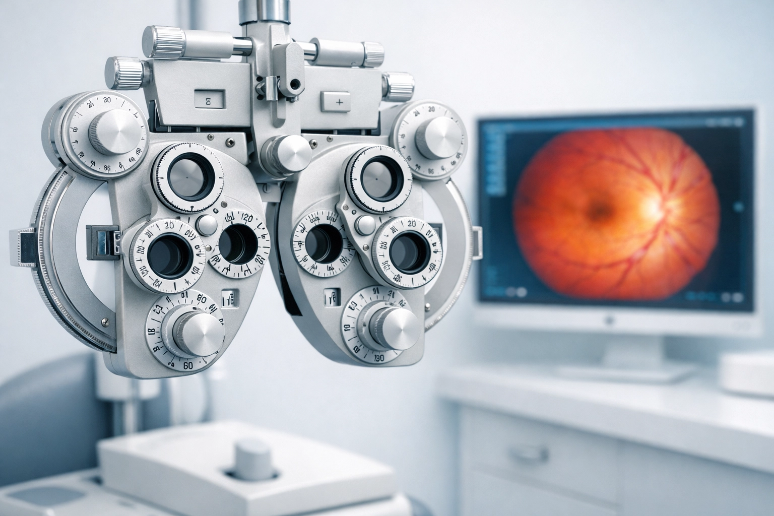 A phoropter and retinal scan monitor used to differentiate vision vs medical insurance billing.