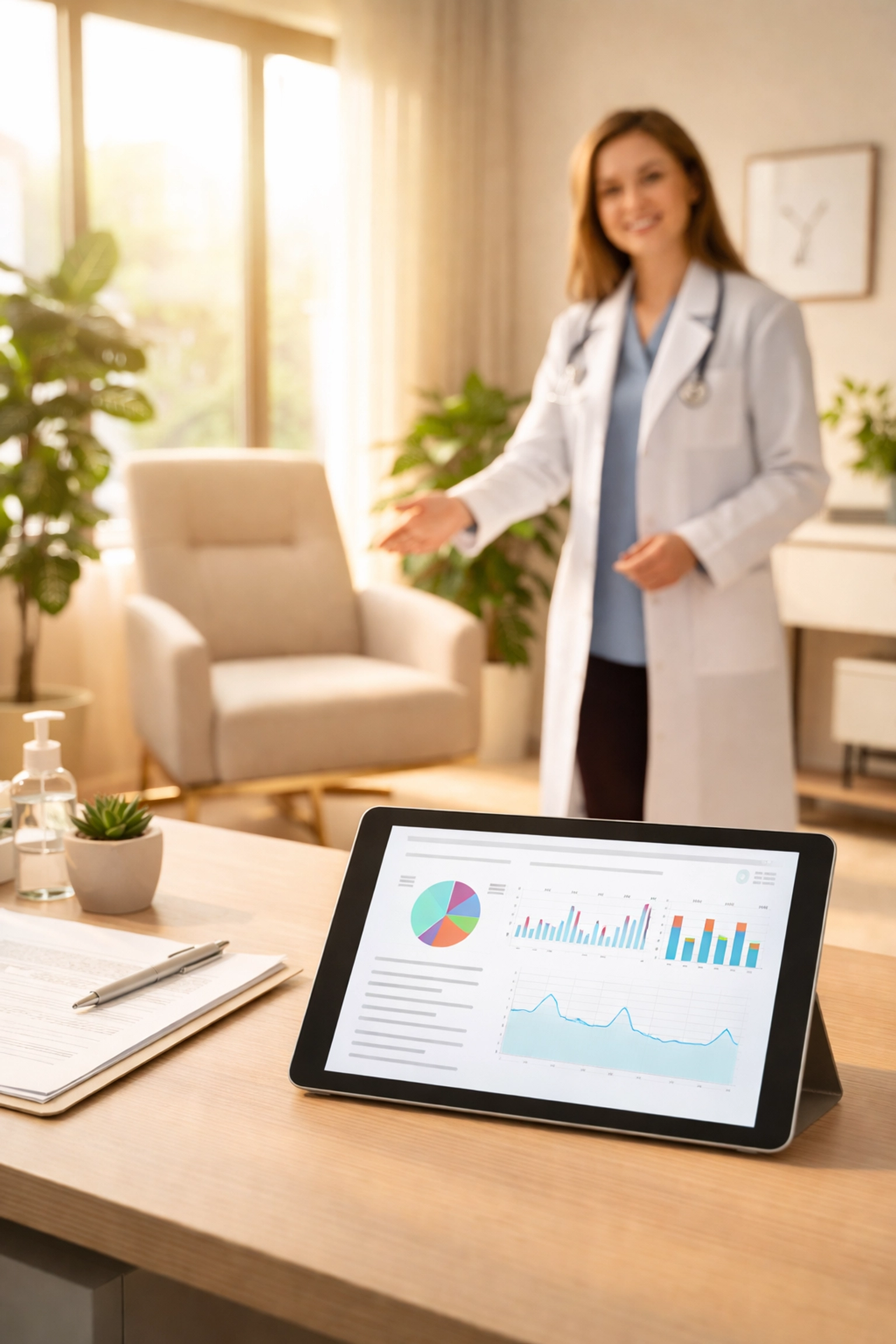 Welcoming medical clinic consultation room where providers discuss lab work for hormone treatment