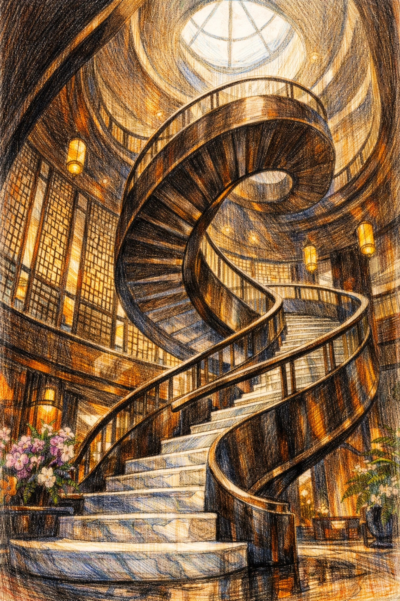 Sculptural marble staircase and wood screens showcasing boutique hotel interior design excellence.