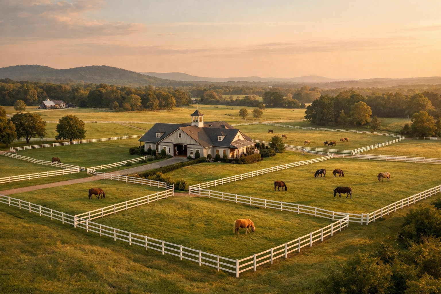 Aerial view of Charlotte horse farm with white fencing, barn, and horses grazing in green pastures