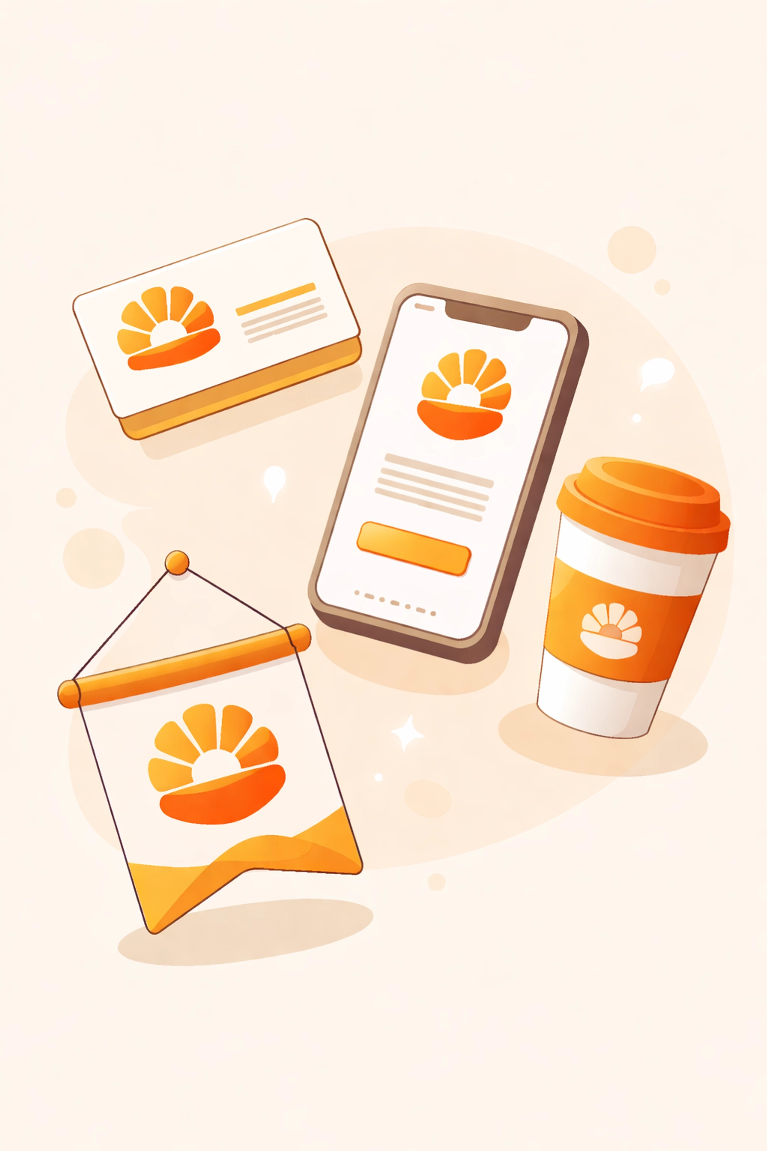 Business items with logos illustrating brand versatility across digital, print, and merchandise platforms