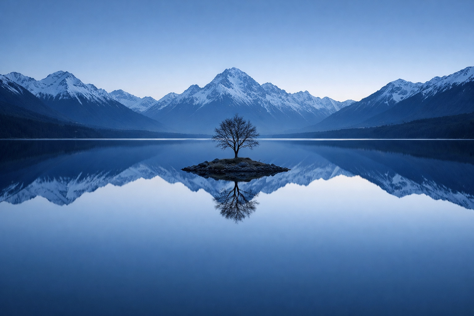 Lone tree reflected in a still lake, illustrating landscape photography tips for symmetry and straight horizons.