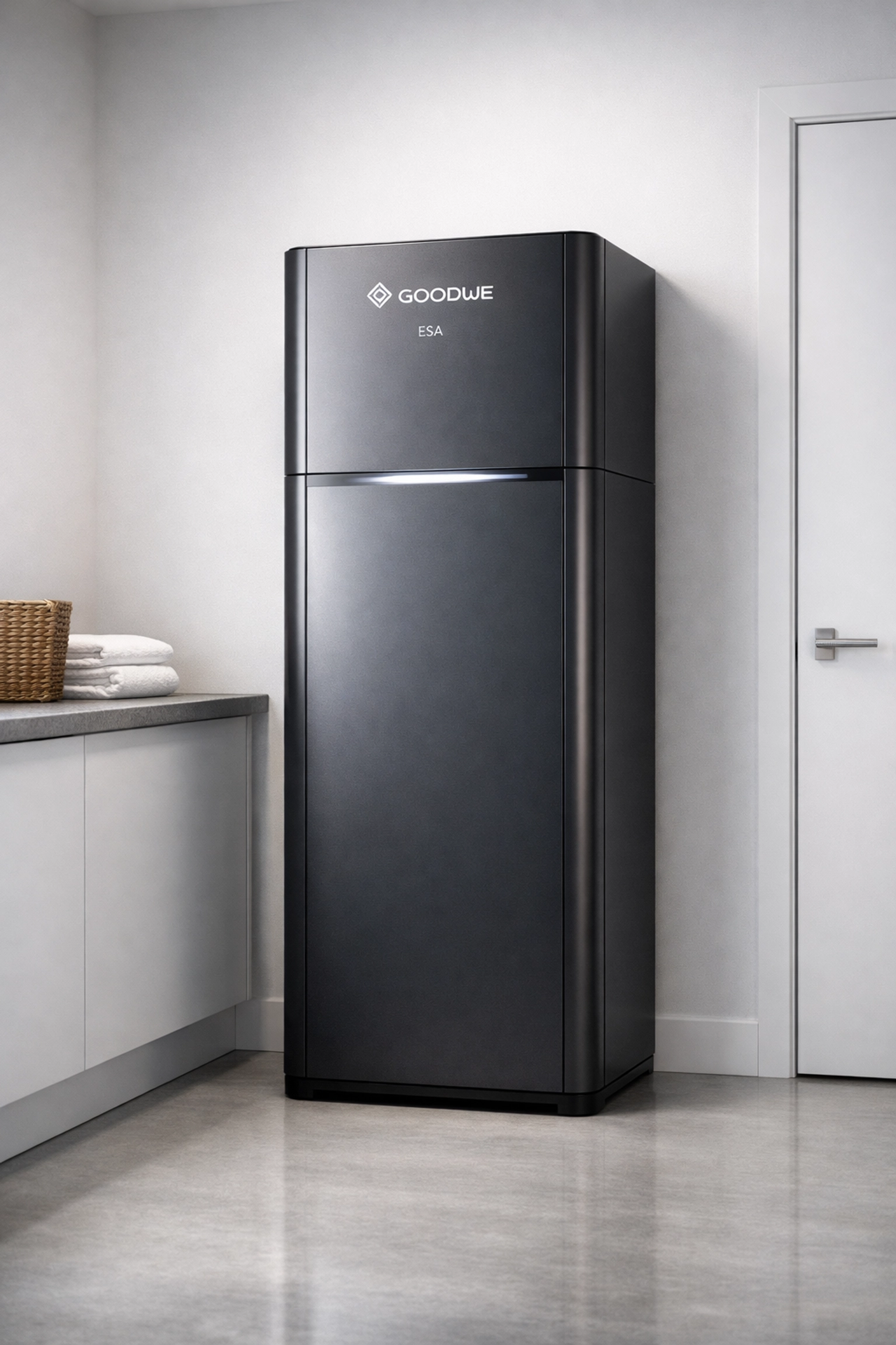 Sleek GoodWe ESA all-in-one solar battery system installed in a modern UK utility room.