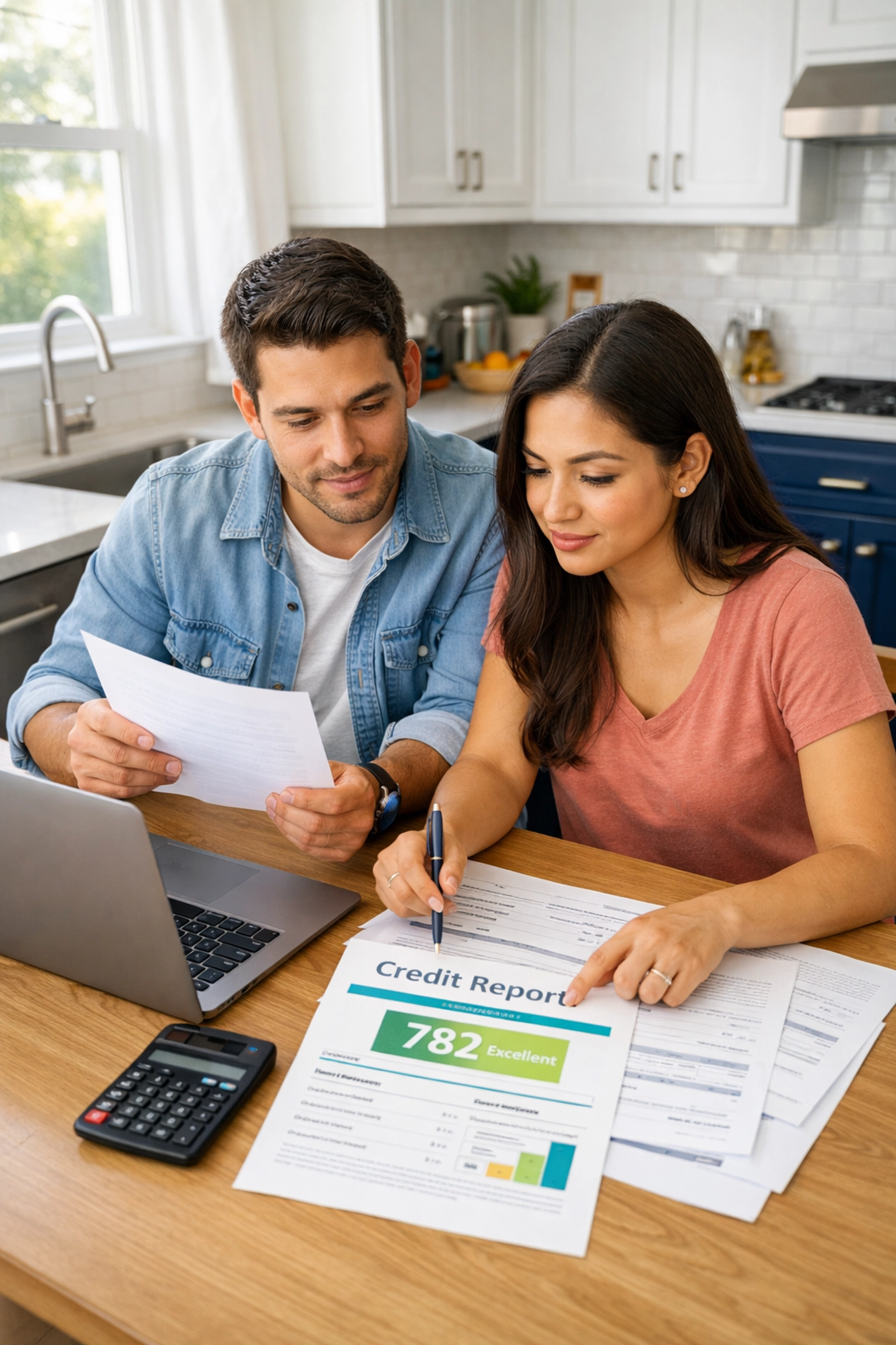Clear Lake couple reviewing credit report and financial documents at home kitchen table