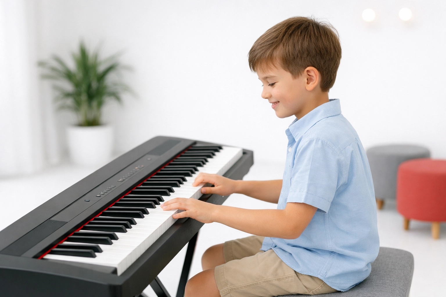 Happy boy enjoying fun keyboard lessons for kids while playing his favorite song.