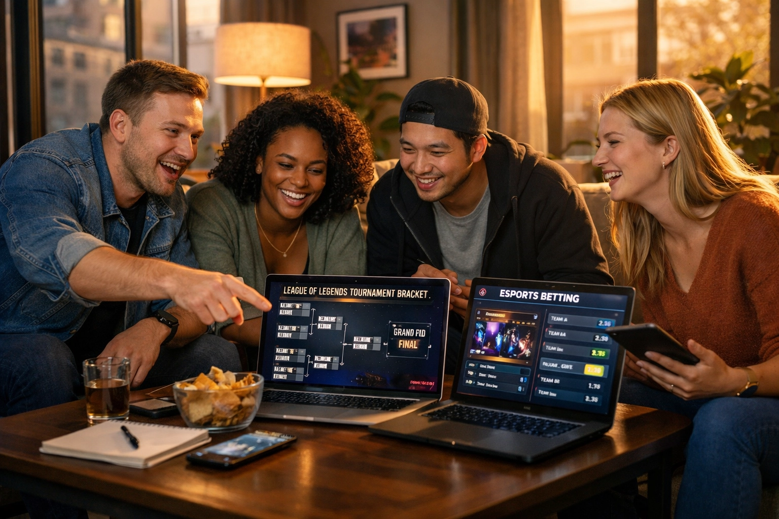 Gruppe junger Erwachsener diskutiert eSports-Wetten mit Laptops und Tablets