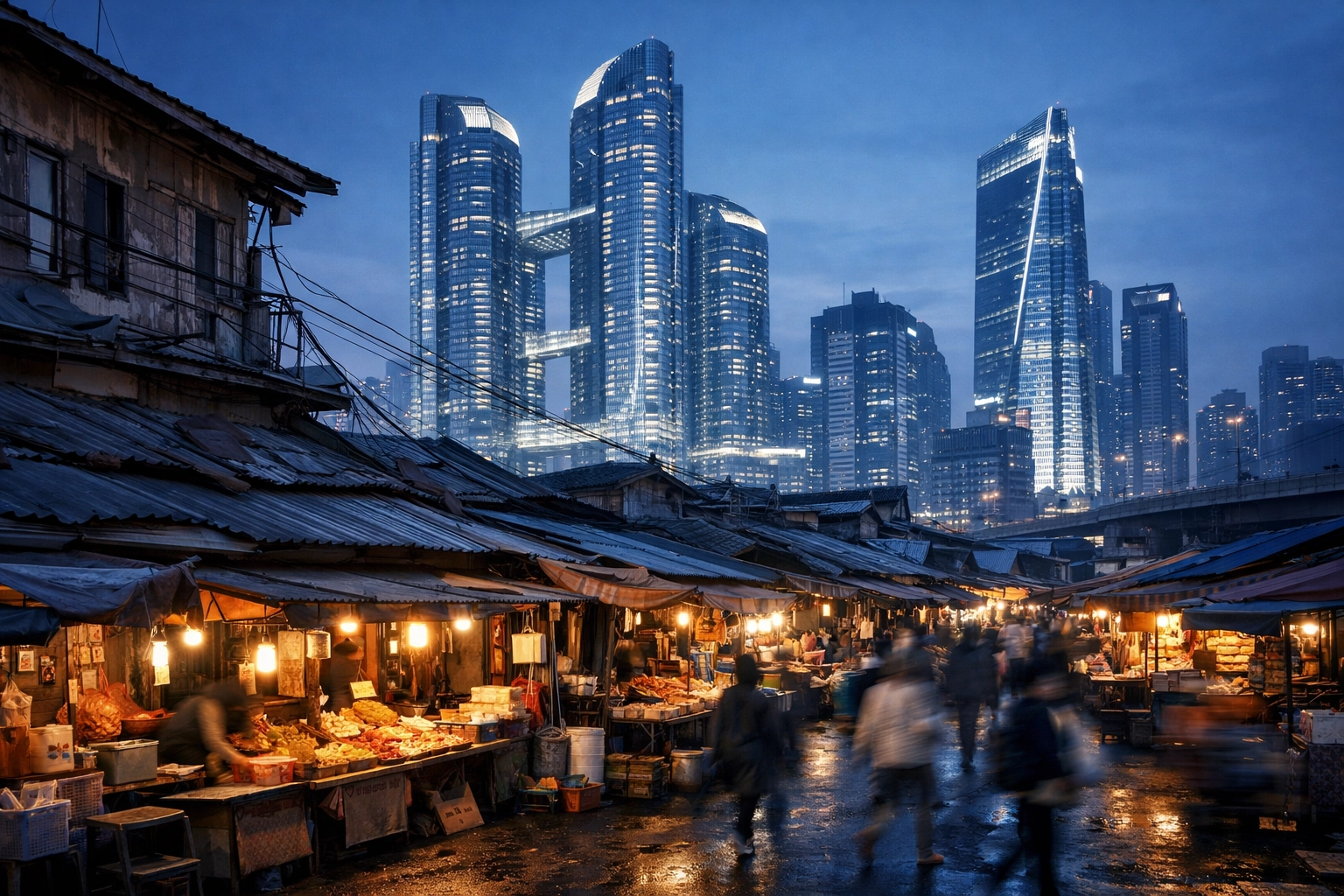 A traditional Asian street market in the foreground of a modern, glowing urban skyline at twilight.