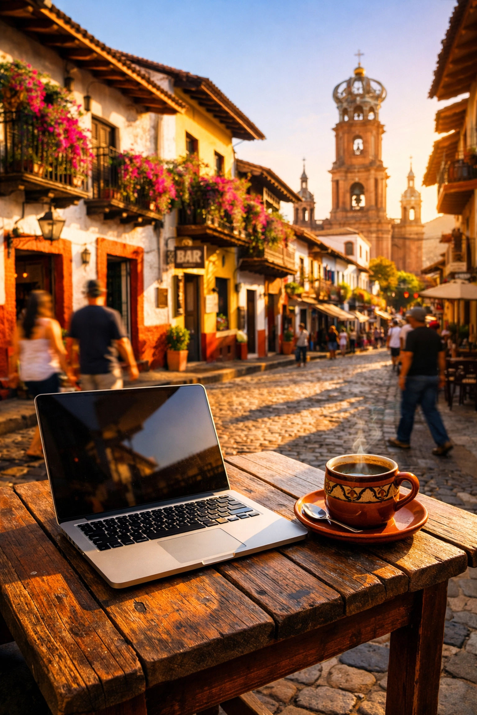 Remote work setup on café table in Puerto Vallarta Old Town cobblestone street
