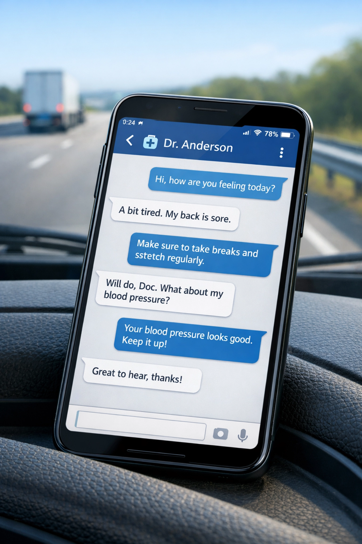 Text-based medical chat interface on smartphone in truck, showing 24/7 doctor consultation