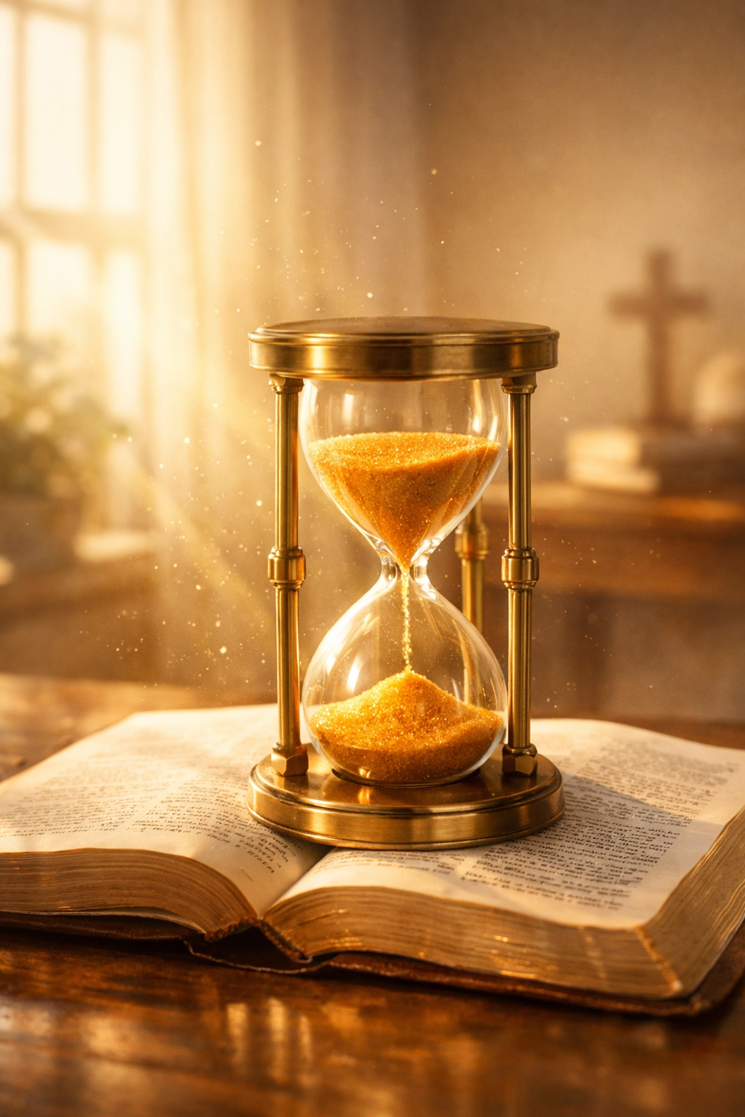 Hourglass resting on open Bible symbolizing Christian time stewardship and redeeming time for God's glory