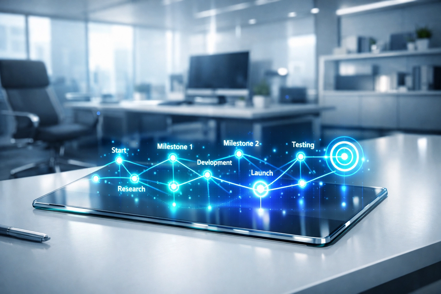 Strategische Roadmap zur KI-Einführung auf einem modernen Tablet für eine strukturierte Planung.