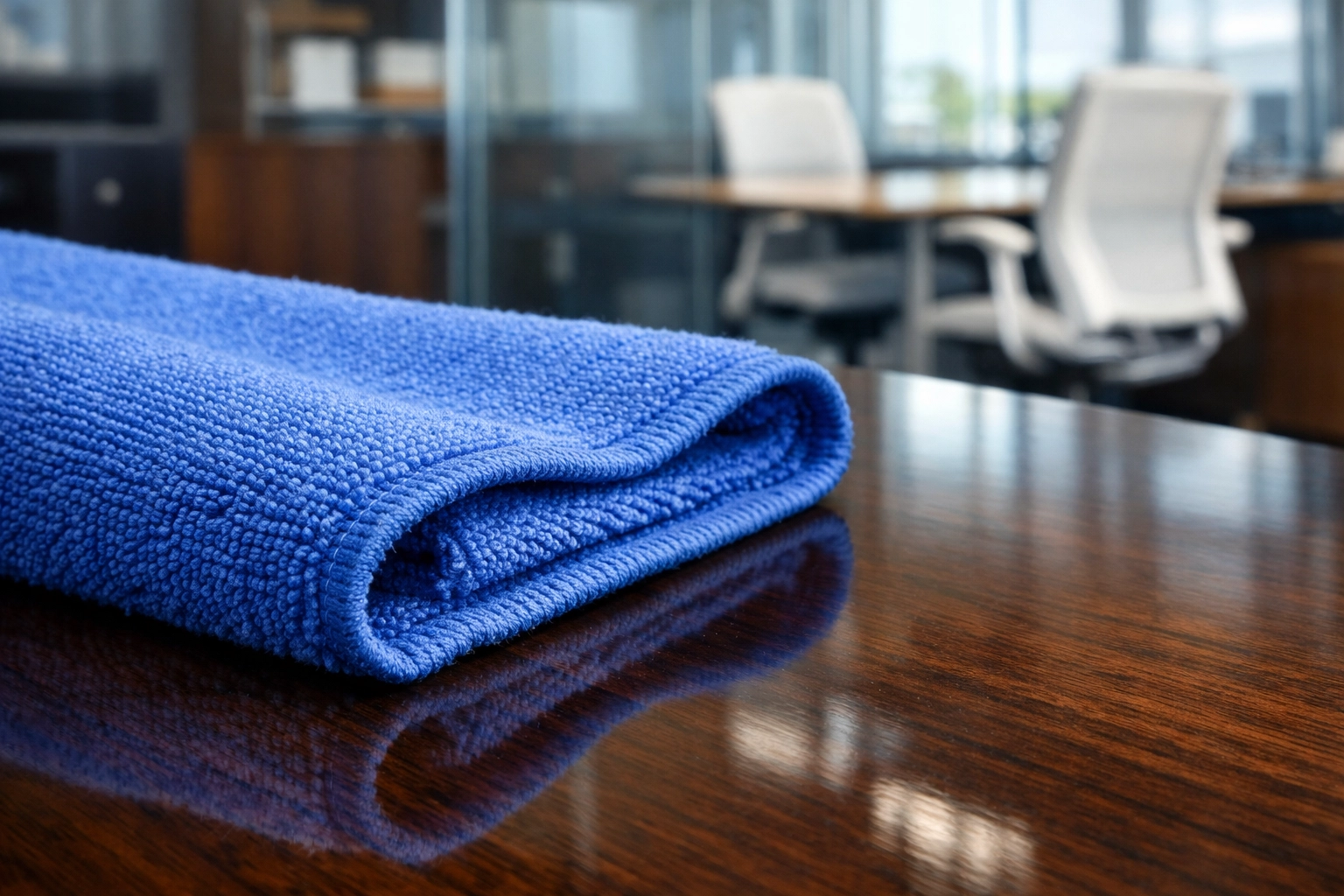Blue microfiber cloth on a dust-free executive desk in a professional Brewster office environment.