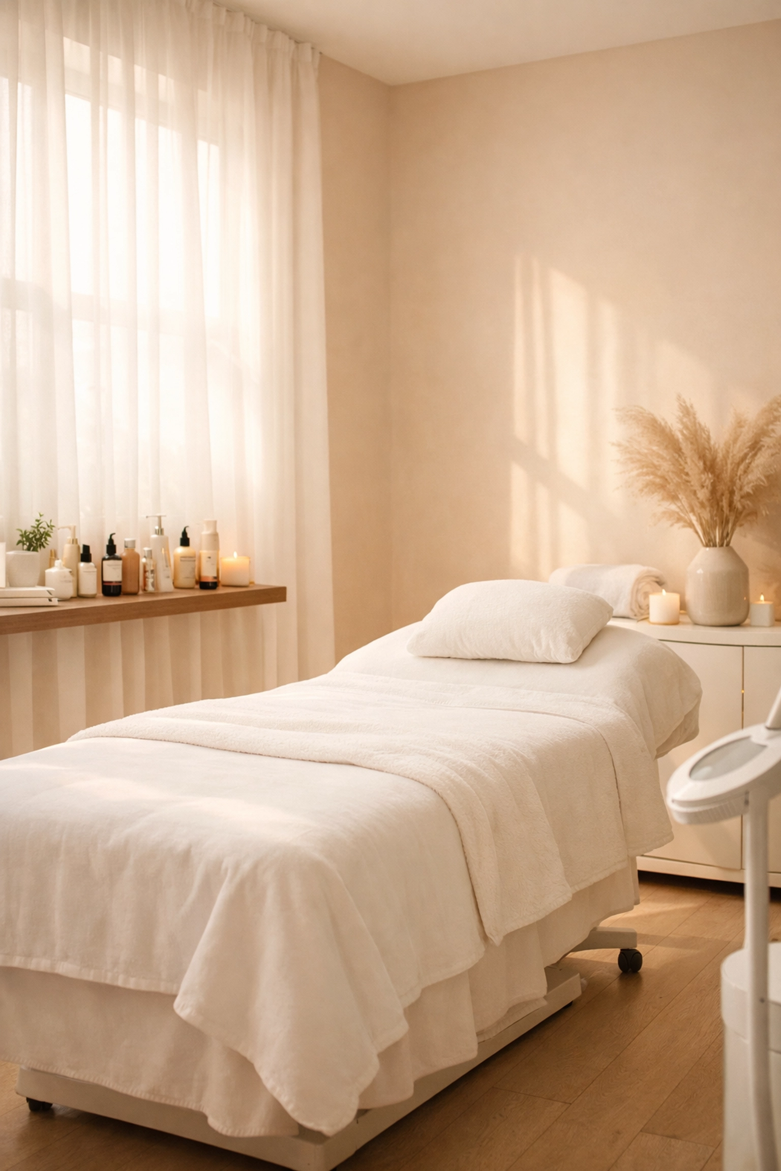 Serene boutique skin clinic treatment room in Mt Martha with luxurious bed and natural lighting