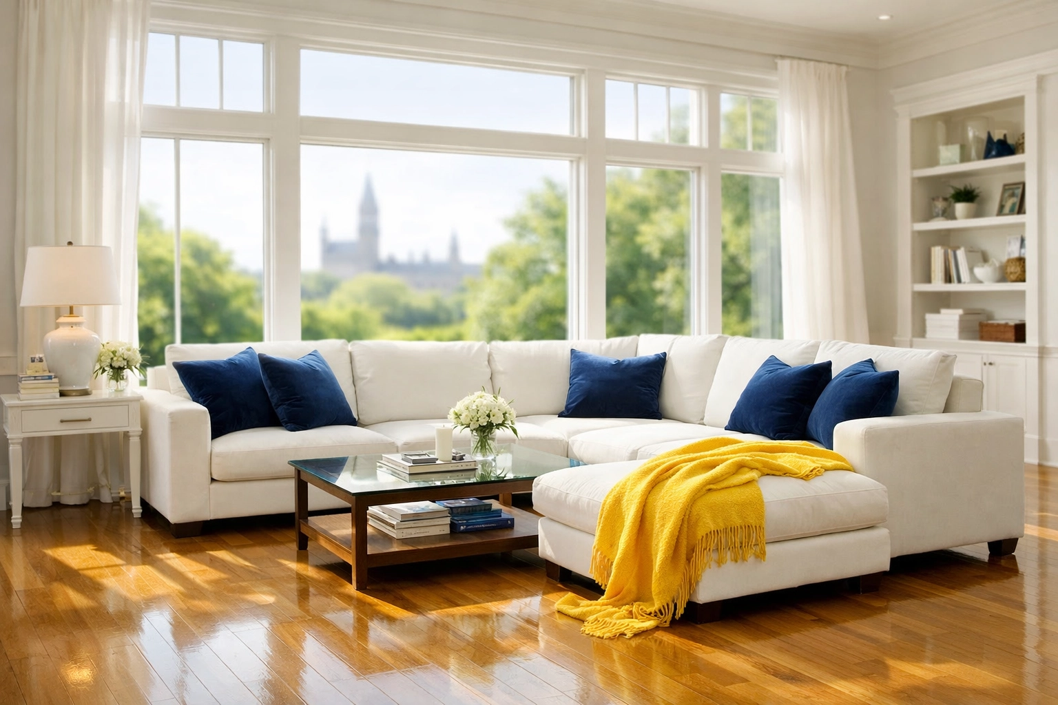 Clean living room with polished hardwood floors in Westminster, MA after professional house cleaning.