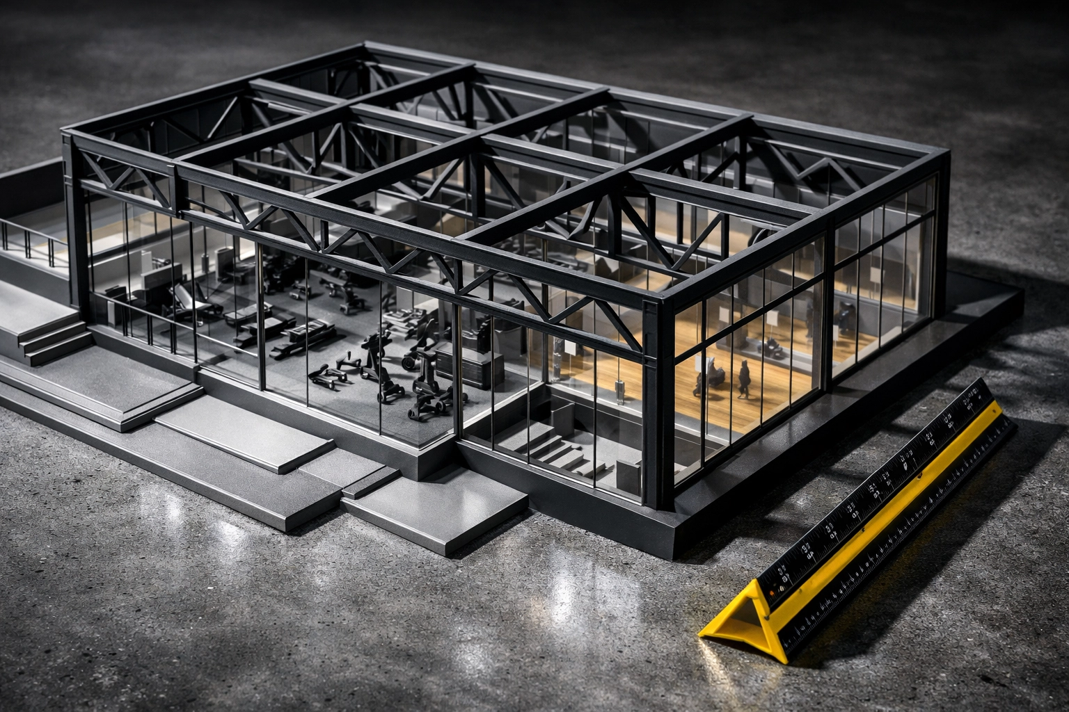 Architectural model of a fitness facility representing a structured gym business growth engine.