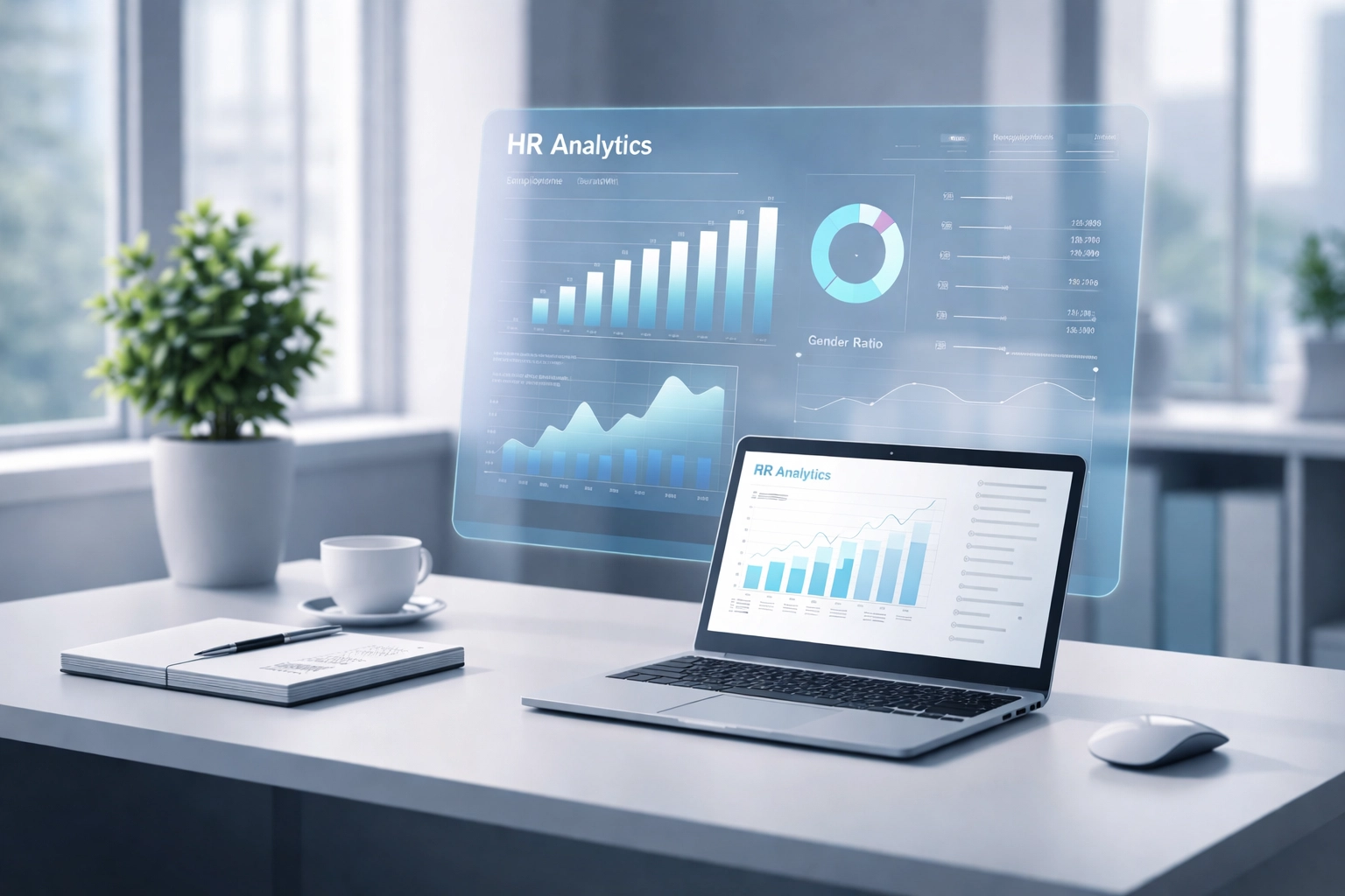 A modern small business office with HR analytics charts, illustrating cost-saving HR consulting solutions.