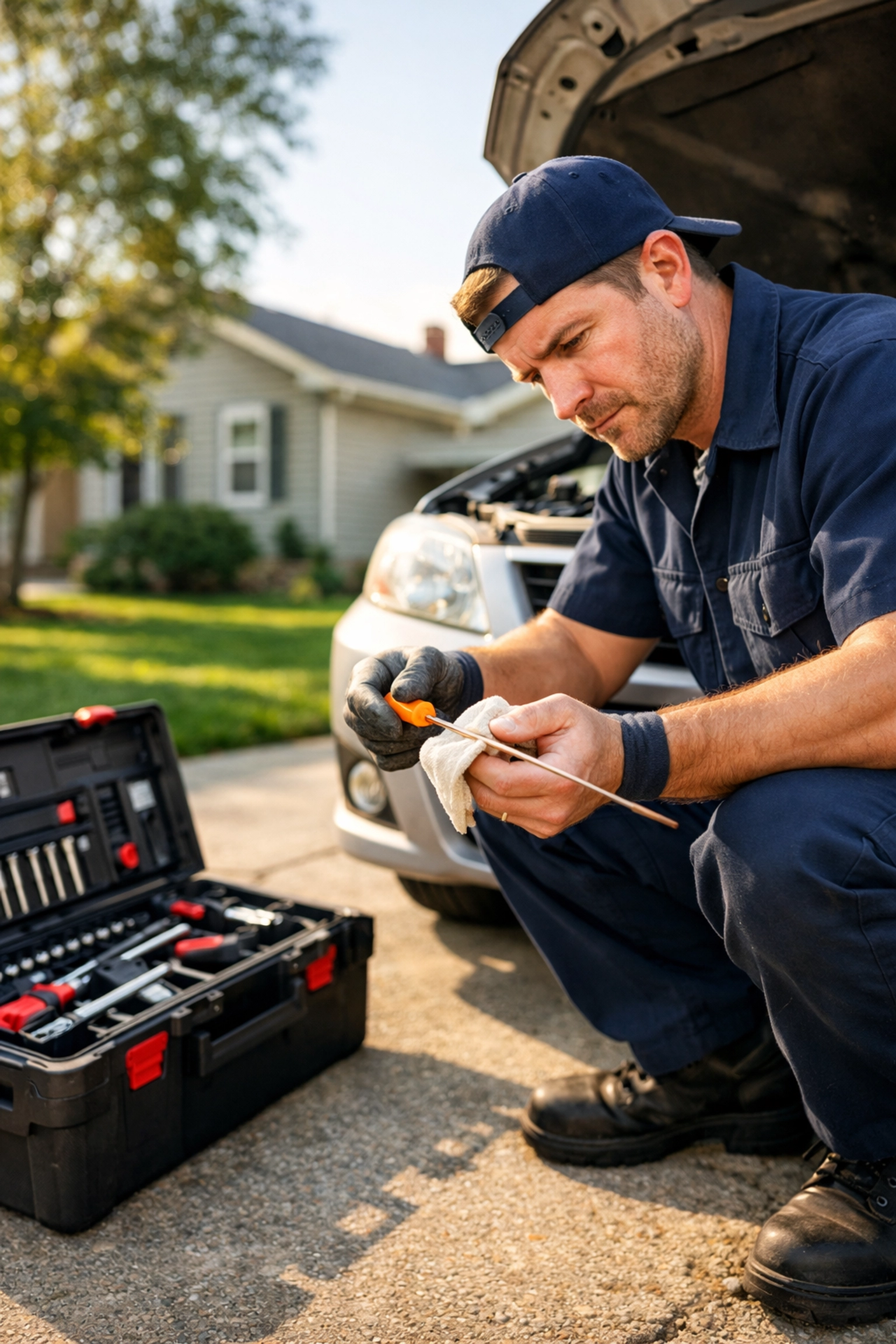 Mobile mechanic performing oil change in Green Bay residential driveway
