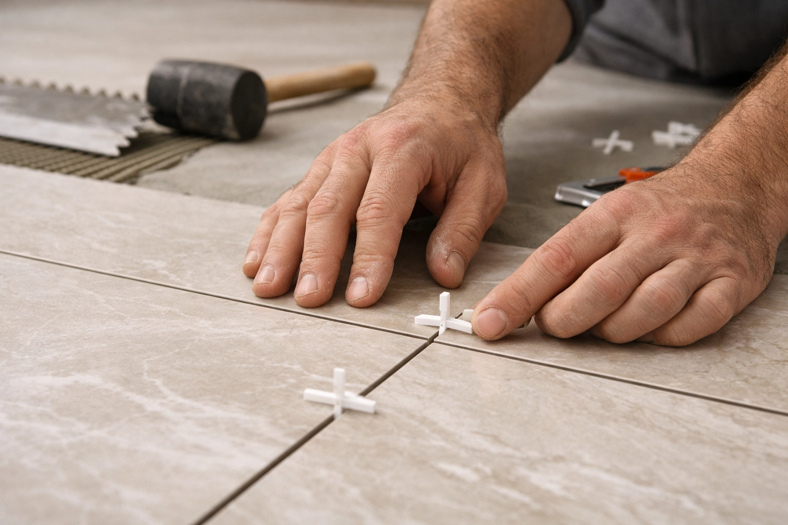 Professional craftsman installing tile flooring during Orlando home renovation