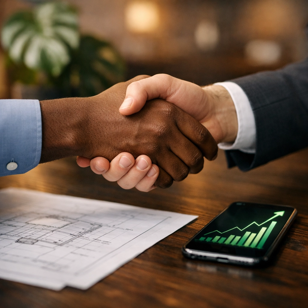 Professionals shaking hands over blueprints for a successful DFW real estate investment deal.