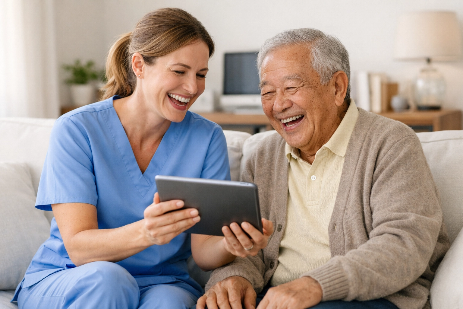 Caregiver and senior sharing a laugh at home, illustrating companionship and quality of life through home care.