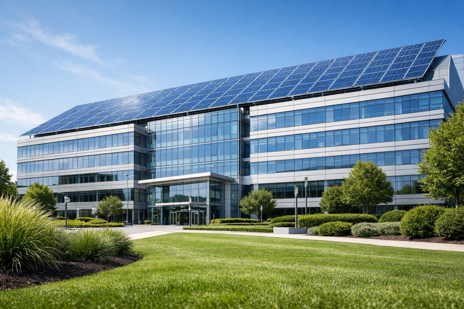 Modern corporate building with a rooftop solar array illustrating strong commercial solar ROI for businesses.