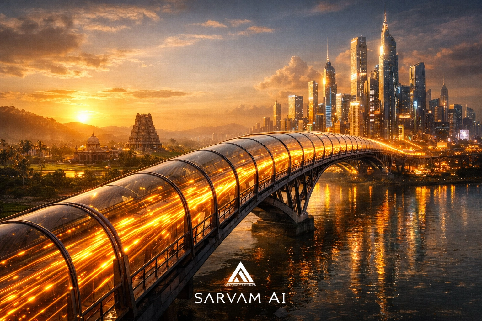 Digital bridge connecting traditional India to a high-tech Sarvam AI future.
