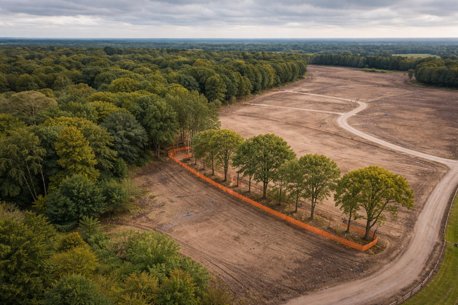 Aerial view of a development site in County Durham showing cleared land and protected woodland areas