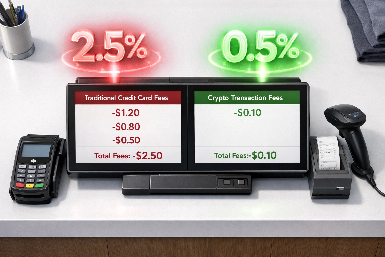 Merchant payment terminal comparing credit card fees to Larecoin crypto transaction costs