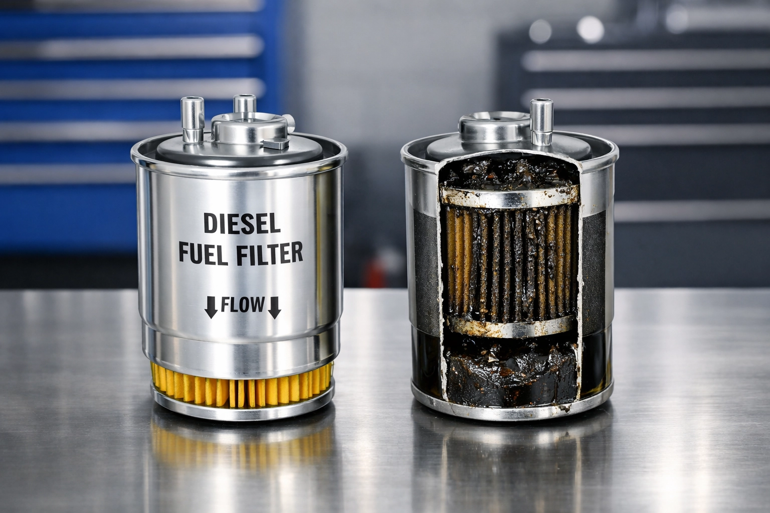 Comparison of clean and clogged diesel fuel filters highlighting the need for heavy duty truck repair.