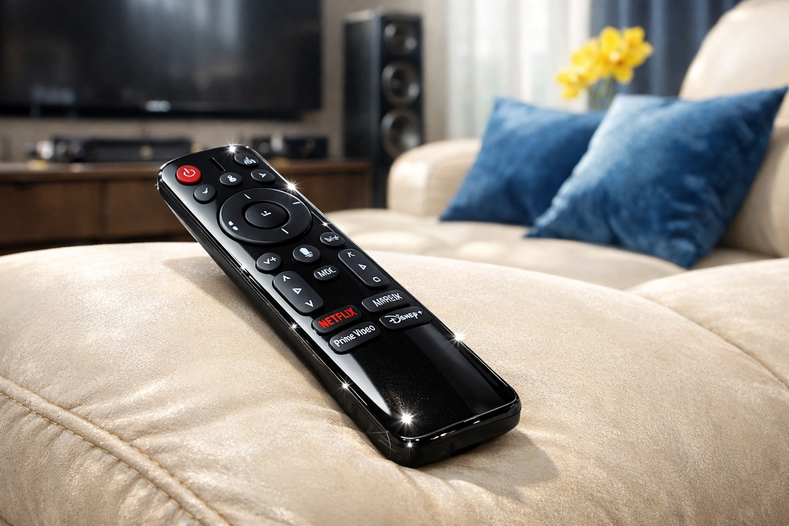 A sanitized remote control resting on a clean sofa after a weekly house cleaning session.
