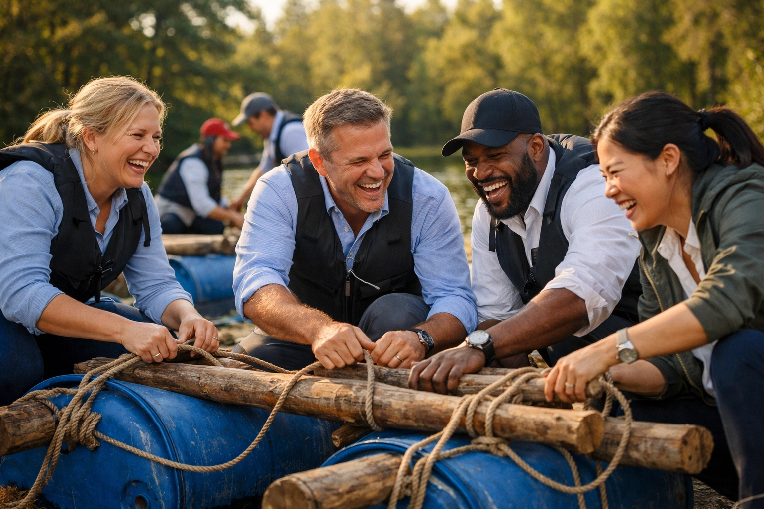 Business professionals collaborating on raft-building team building activity at lakeside